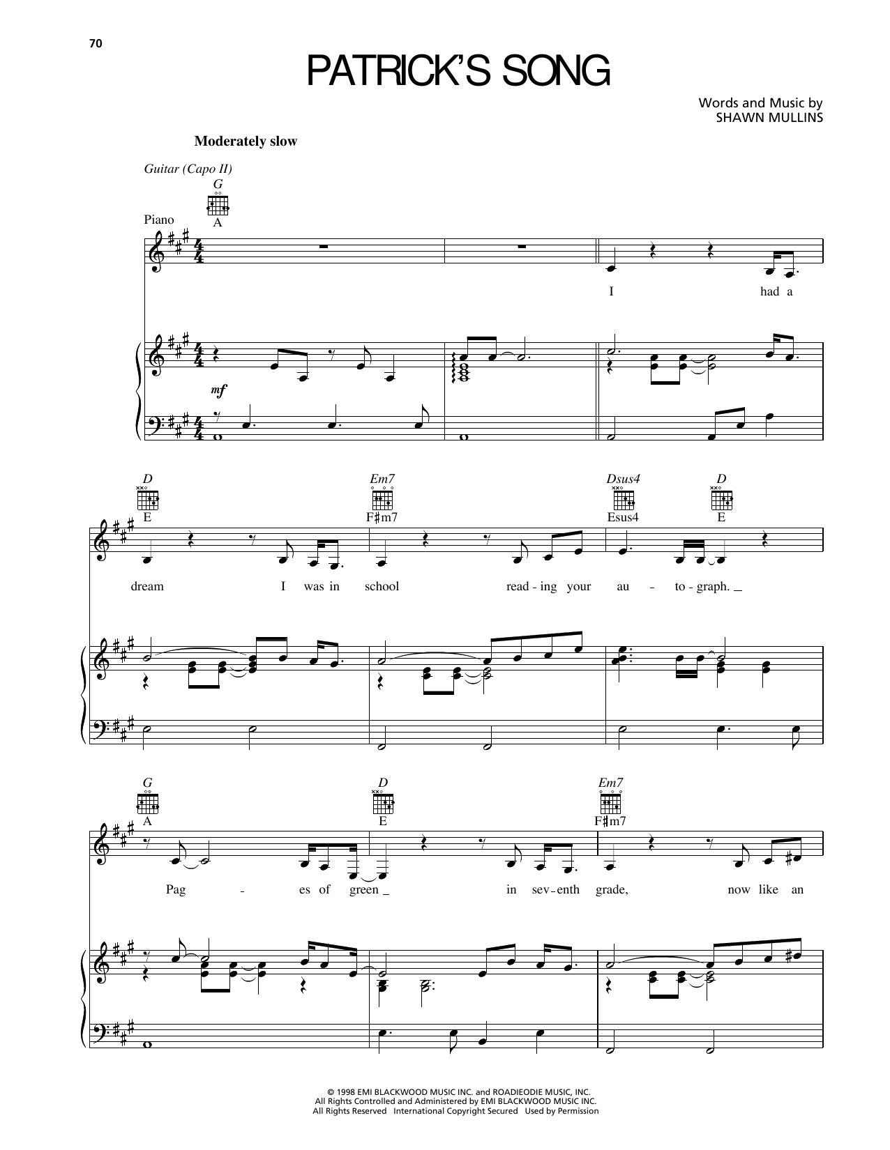 Download Shawn Mullins Patrick's Song Sheet Music and learn how to play Piano, Vocal & Guitar Chords (Right-Hand Melody) PDF digital score in minutes