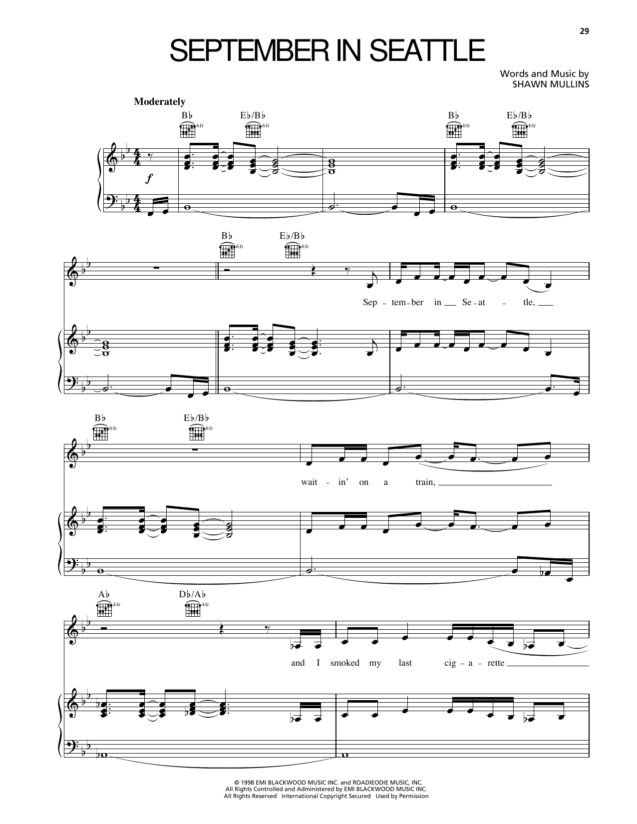 Download Shawn Mullins September In Seattle Sheet Music and learn how to play Piano, Vocal & Guitar Chords (Right-Hand Melody) PDF digital score in minutes