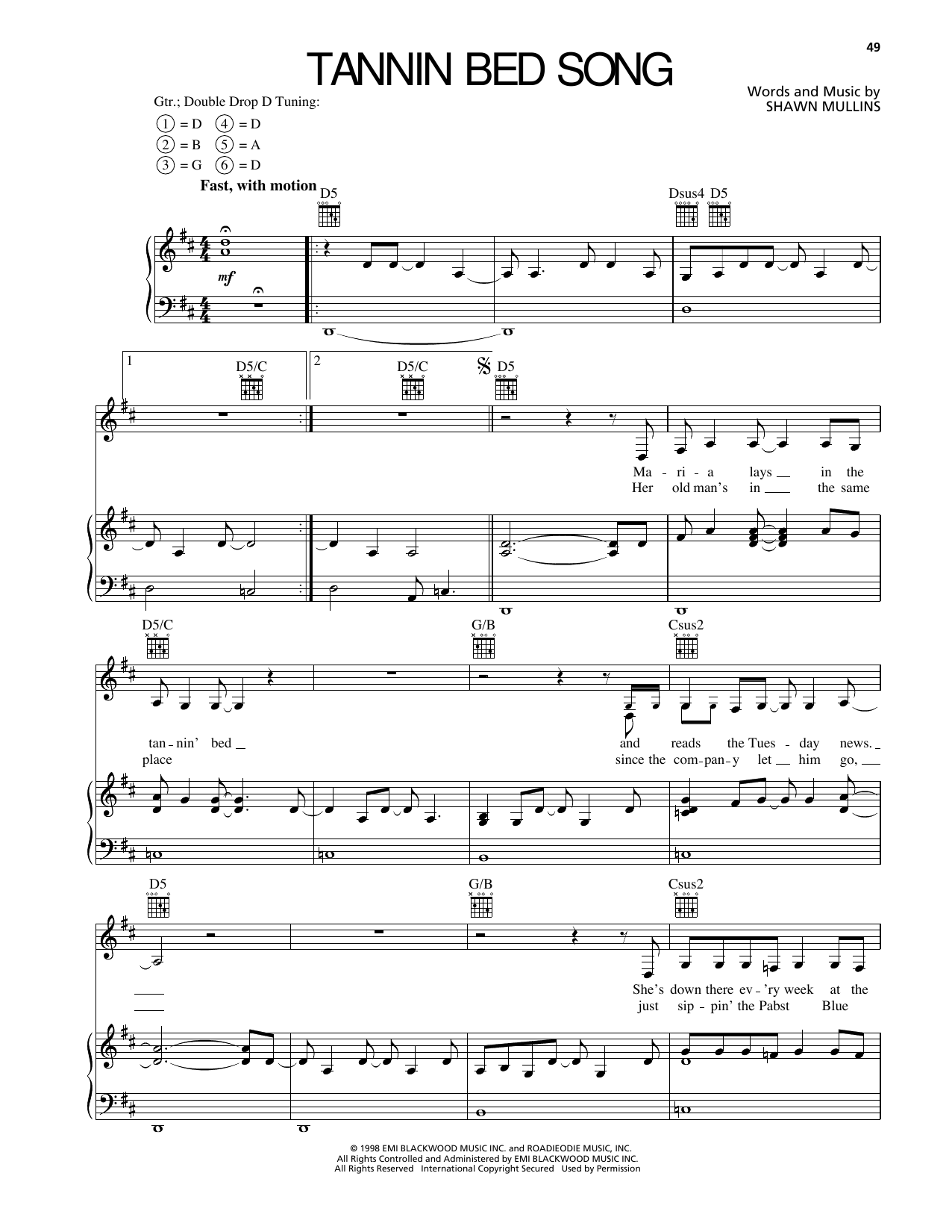 Download Shawn Mullins Tannin Bed Song Sheet Music and learn how to play Piano, Vocal & Guitar Chords (Right-Hand Melody) PDF digital score in minutes