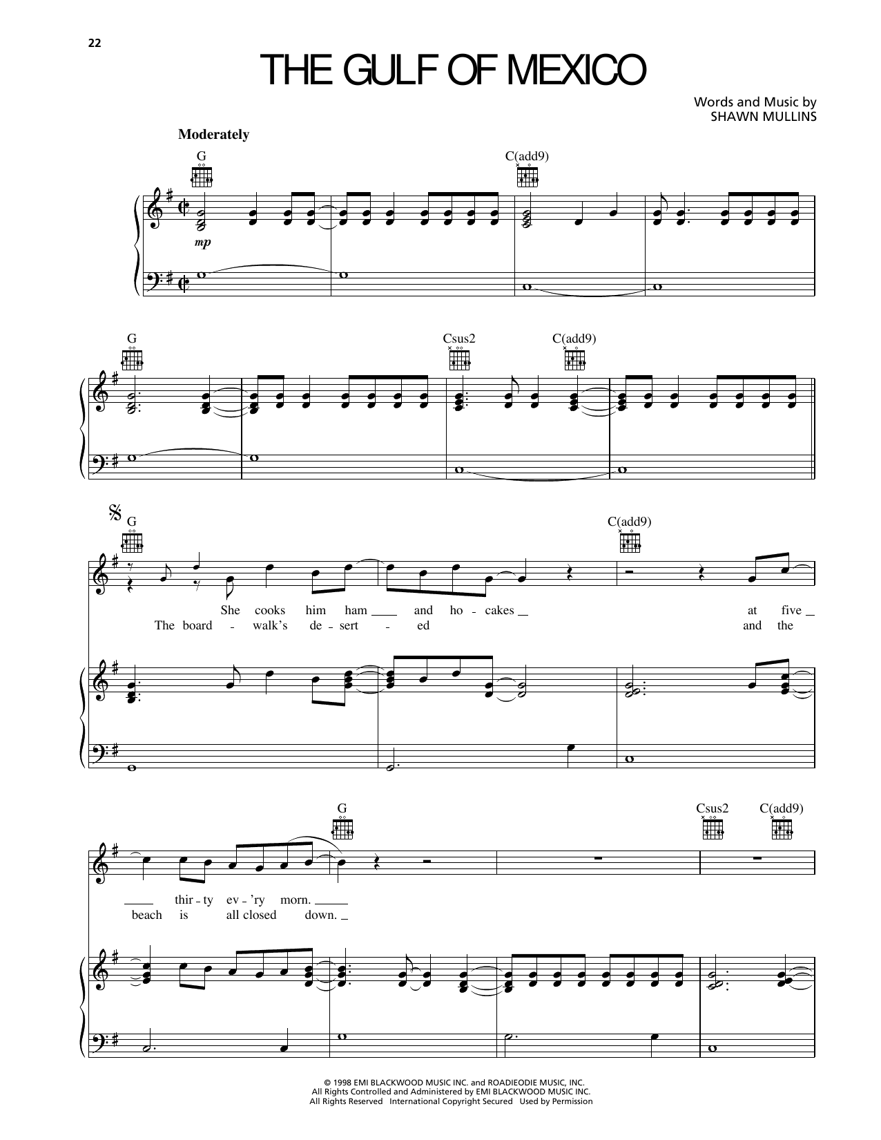 Download Shawn Mullins The Gulf Of Mexico Sheet Music and learn how to play Piano, Vocal & Guitar Chords (Right-Hand Melody) PDF digital score in minutes