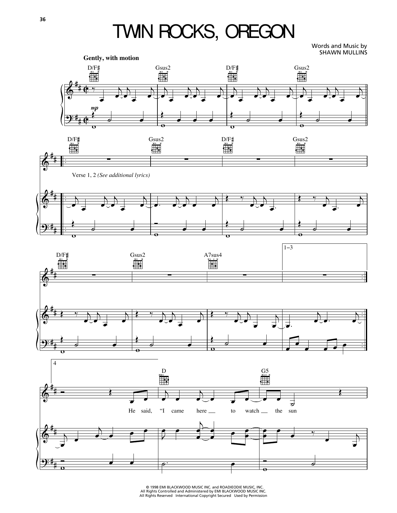 Download Shawn Mullins Twin Rocks, Oregon Sheet Music and learn how to play Piano, Vocal & Guitar Chords (Right-Hand Melody) PDF digital score in minutes