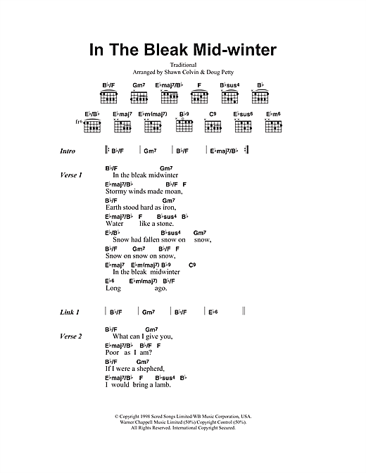 Download Shawn Colvin In The Bleak Midwinter Sheet Music and learn how to play Lyrics & Chords PDF digital score in minutes