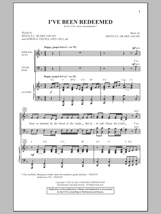 Download Shayla Blake I've Been Redeemed Sheet Music and learn how to play SATB PDF digital score in minutes