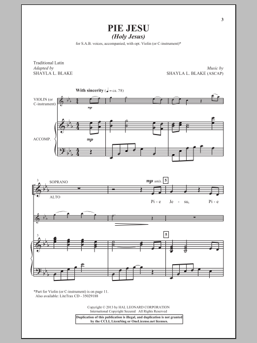 Download Shayla Blake Pie Jesu (Holy Jesus) Sheet Music and learn how to play SAB PDF digital score in minutes