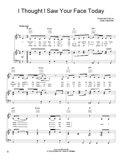 Download She & Him I Thought I Saw Your Face Today Sheet Music and learn how to play Piano, Vocal & Guitar (Right-Hand Melody) PDF digital score in minutes