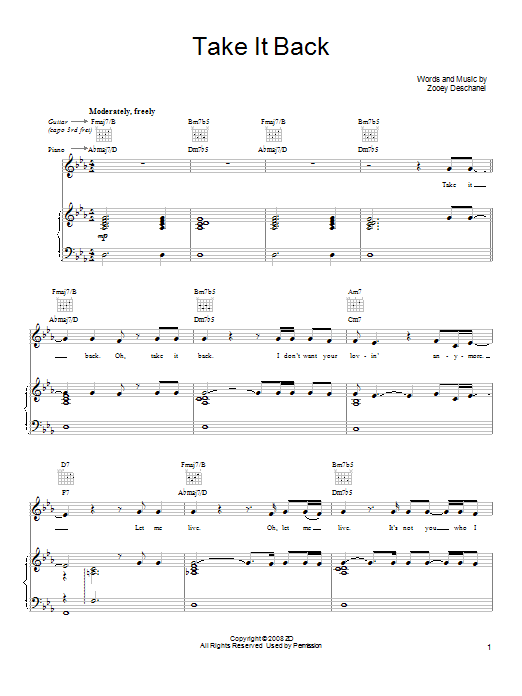 Download She & Him Take It Back Sheet Music and learn how to play Piano, Vocal & Guitar (Right-Hand Melody) PDF digital score in minutes