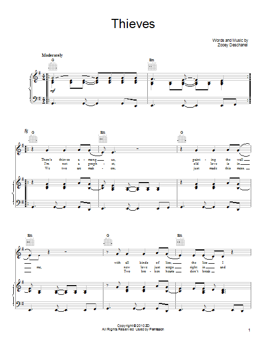 Download She & Him Thieves Sheet Music and learn how to play Piano, Vocal & Guitar (Right-Hand Melody) PDF digital score in minutes