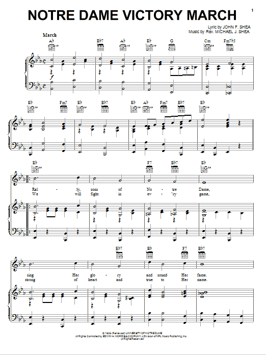 Download Shea & Shea Notre Dame Victory March Sheet Music and learn how to play Piano, Vocal & Guitar (Right-Hand Melody) PDF digital score in minutes