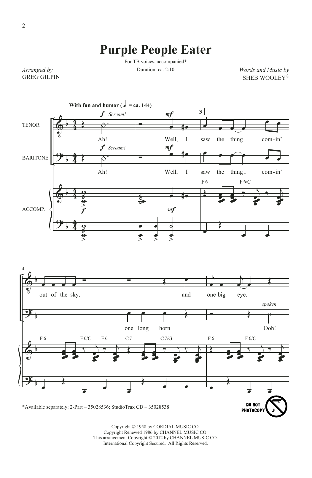 Download Sheb Wooley Purple People Eater (arr. Greg Gilpin) Sheet Music and learn how to play TB Choir PDF digital score in minutes