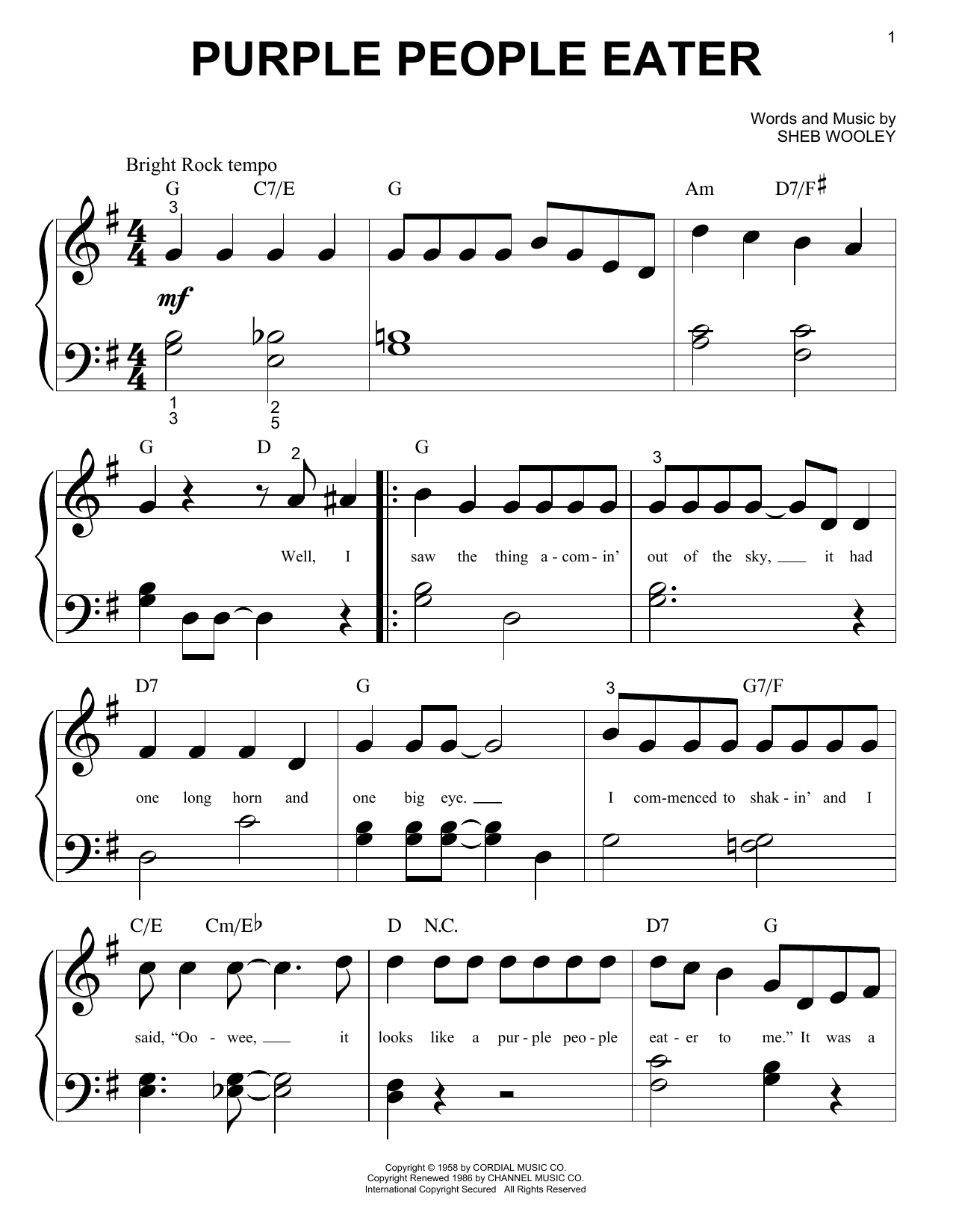 Download Sheb Wooley Purple People Eater Sheet Music and learn how to play Big Note Piano PDF digital score in minutes