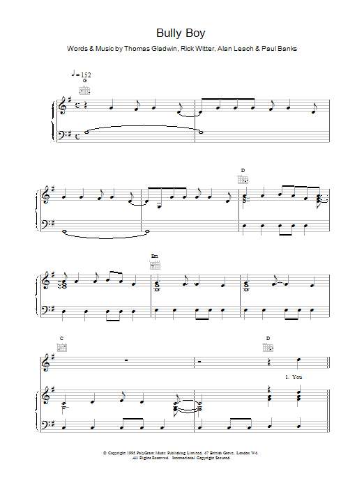 Download Shed 7 Bully Boy Sheet Music and learn how to play Piano, Vocal & Guitar (Right-Hand Melody) PDF digital score in minutes