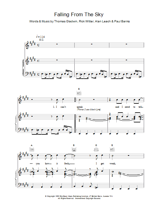 Download Shed 7 Falling From The Sky Sheet Music and learn how to play Piano, Vocal & Guitar (Right-Hand Melody) PDF digital score in minutes