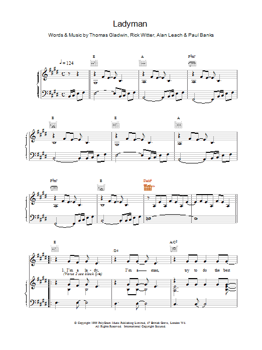 Download Shed 7 Ladyman Sheet Music and learn how to play Piano, Vocal & Guitar (Right-Hand Melody) PDF digital score in minutes
