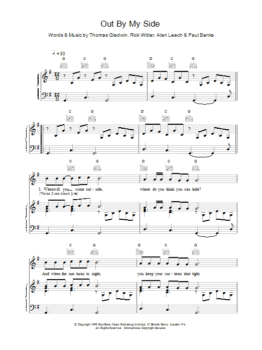 Download Shed 7 Out By My Side Sheet Music and learn how to play Piano, Vocal & Guitar (Right-Hand Melody) PDF digital score in minutes