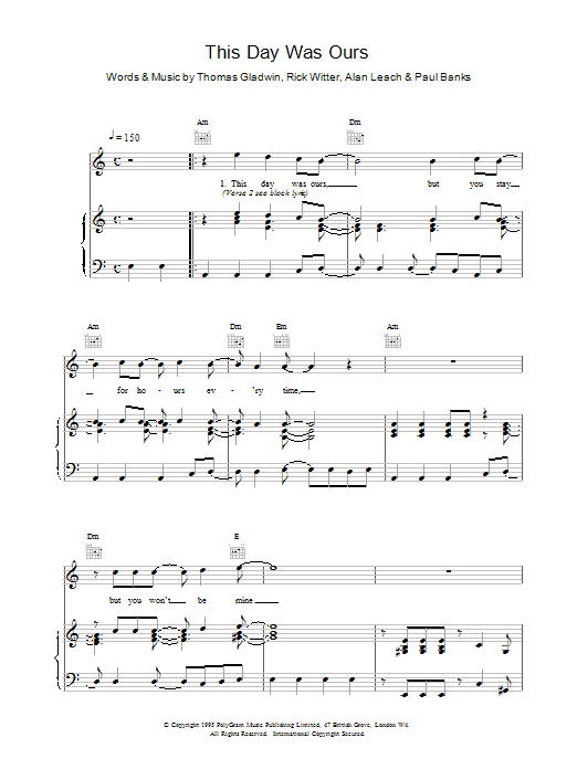 Download Shed 7 This Day Was Ours Sheet Music and learn how to play Piano, Vocal & Guitar (Right-Hand Melody) PDF digital score in minutes