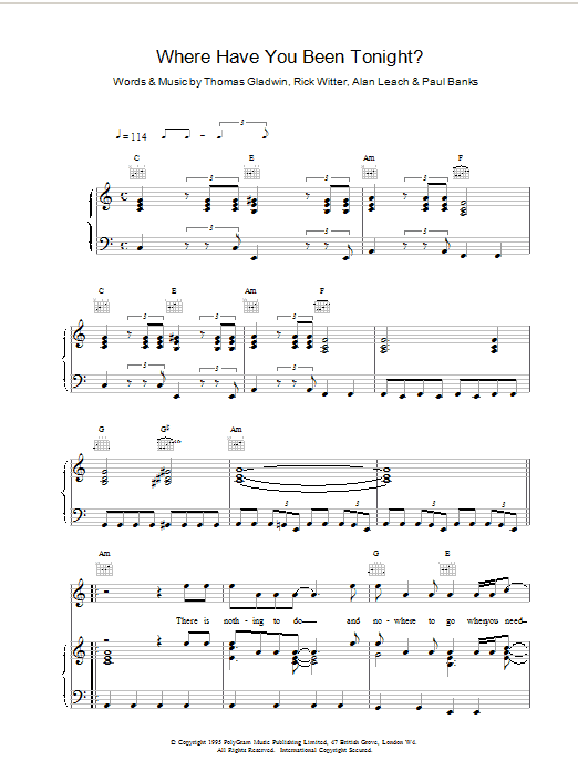 Download Shed 7 Where Have You Been Tonight Sheet Music and learn how to play Piano, Vocal & Guitar (Right-Hand Melody) PDF digital score in minutes