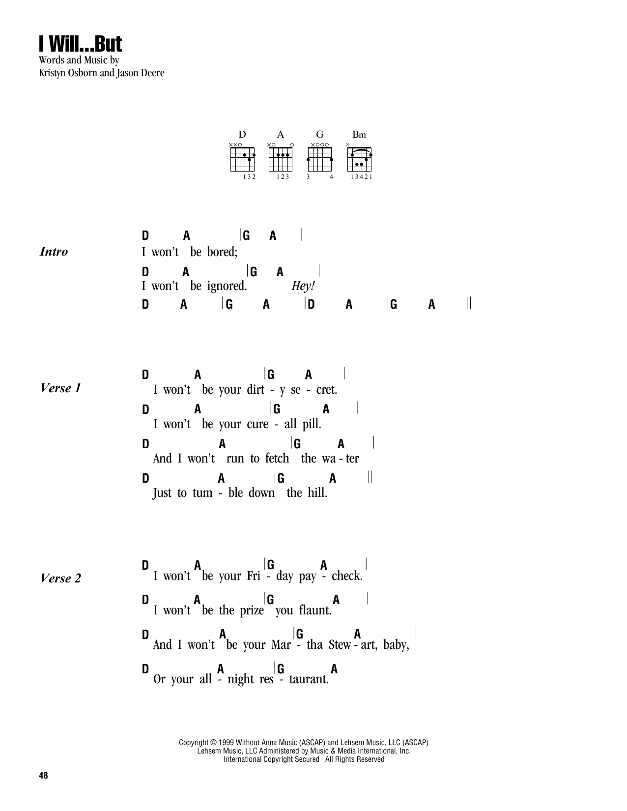 Download SHeDAISY I Will...But Sheet Music and learn how to play Lyrics & Chords PDF digital score in minutes