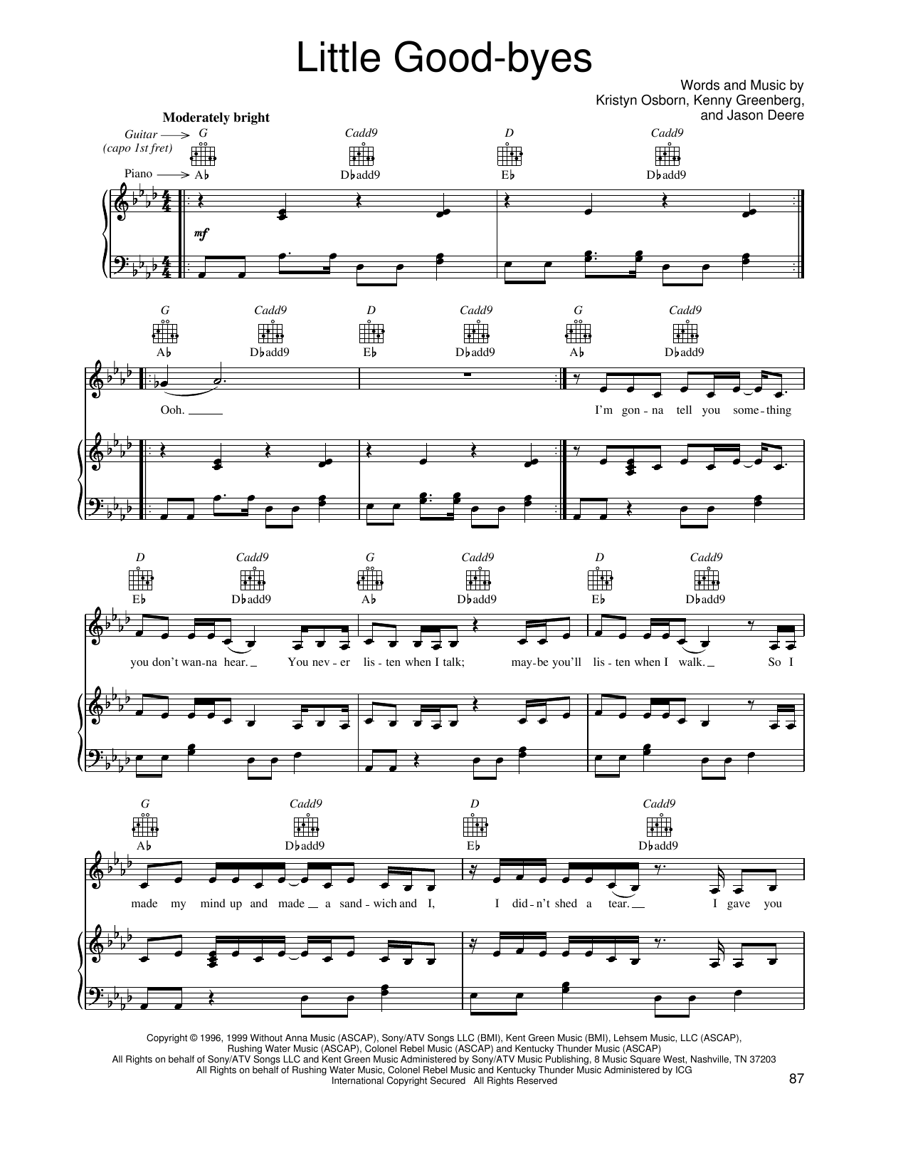 Download SHeDAISY Little Good-byes Sheet Music and learn how to play Piano, Vocal & Guitar (Right-Hand Melody) PDF digital score in minutes