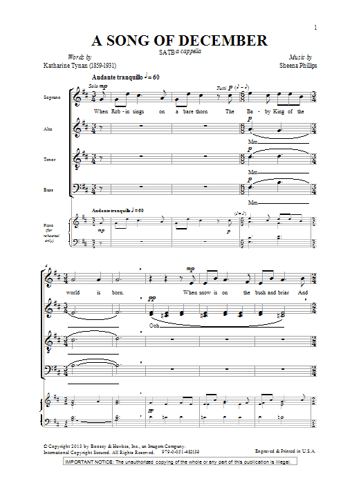 Download Sheena Phillips A Song Of December Sheet Music and learn how to play SATB PDF digital score in minutes