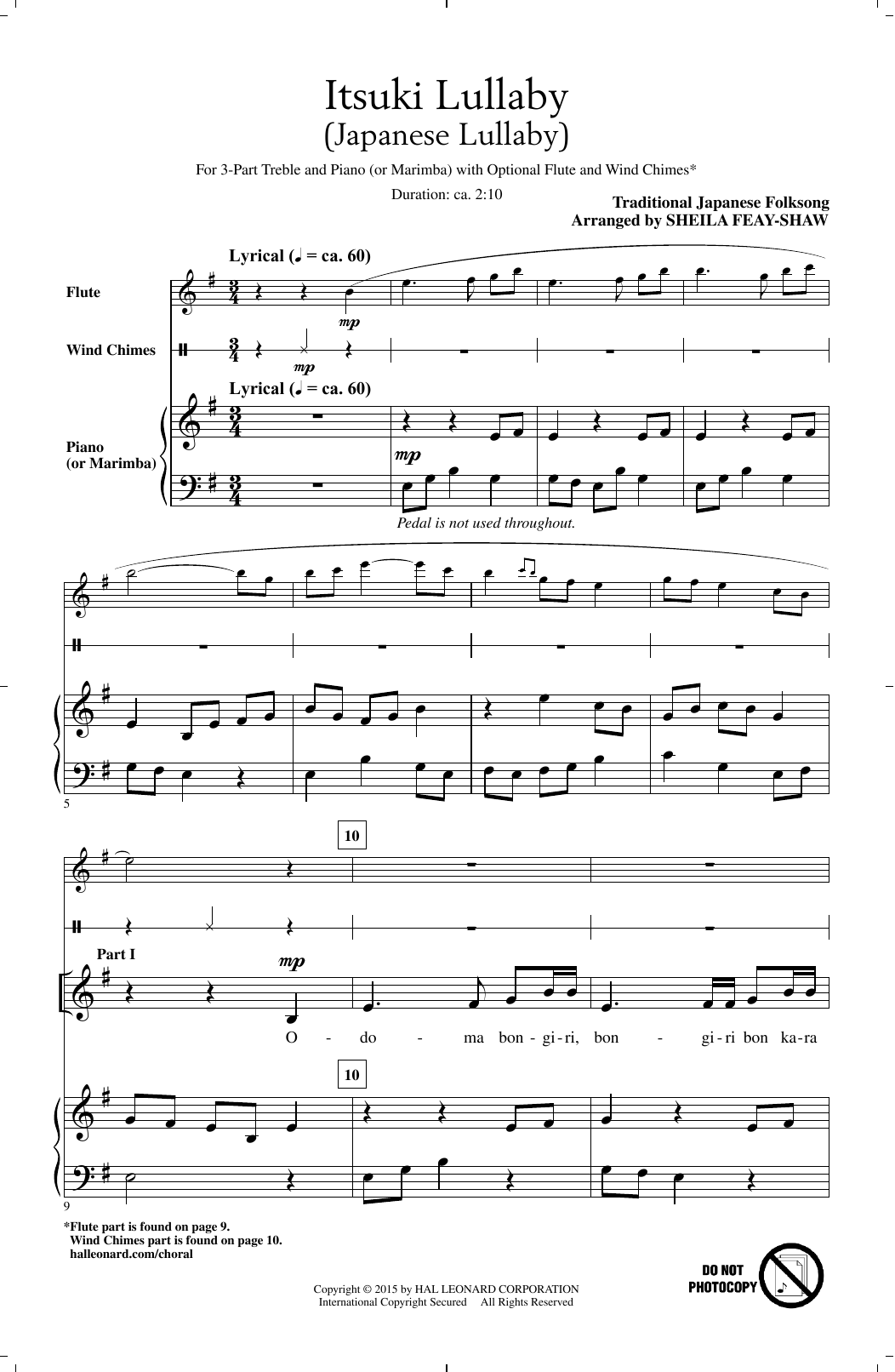 Download Japanese Folksong Itsuki Lullaby (arr. Sheila Feay-Shaw) Sheet Music and learn how to play 3-Part Treble PDF digital score in minutes