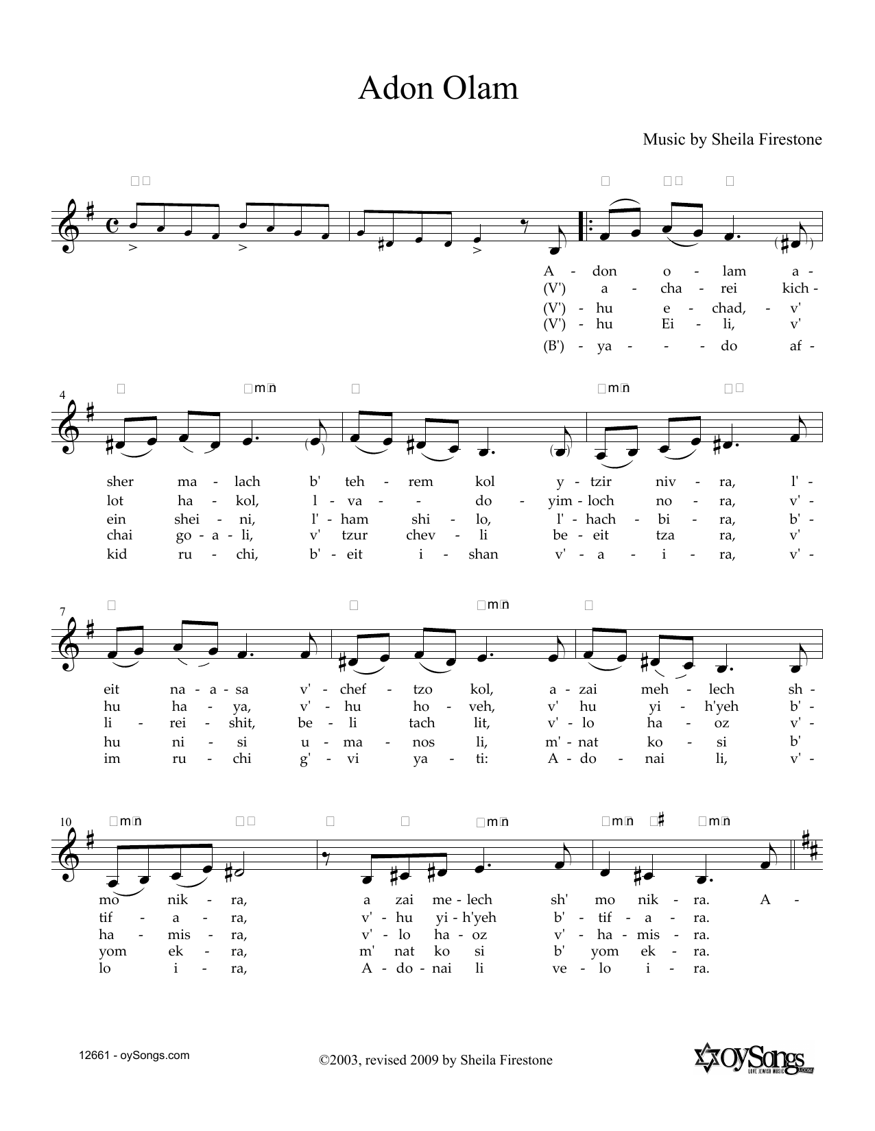 Download Sheila Firestone Adon Olam Sheet Music and learn how to play Melody Line, Lyrics & Chords PDF digital score in minutes