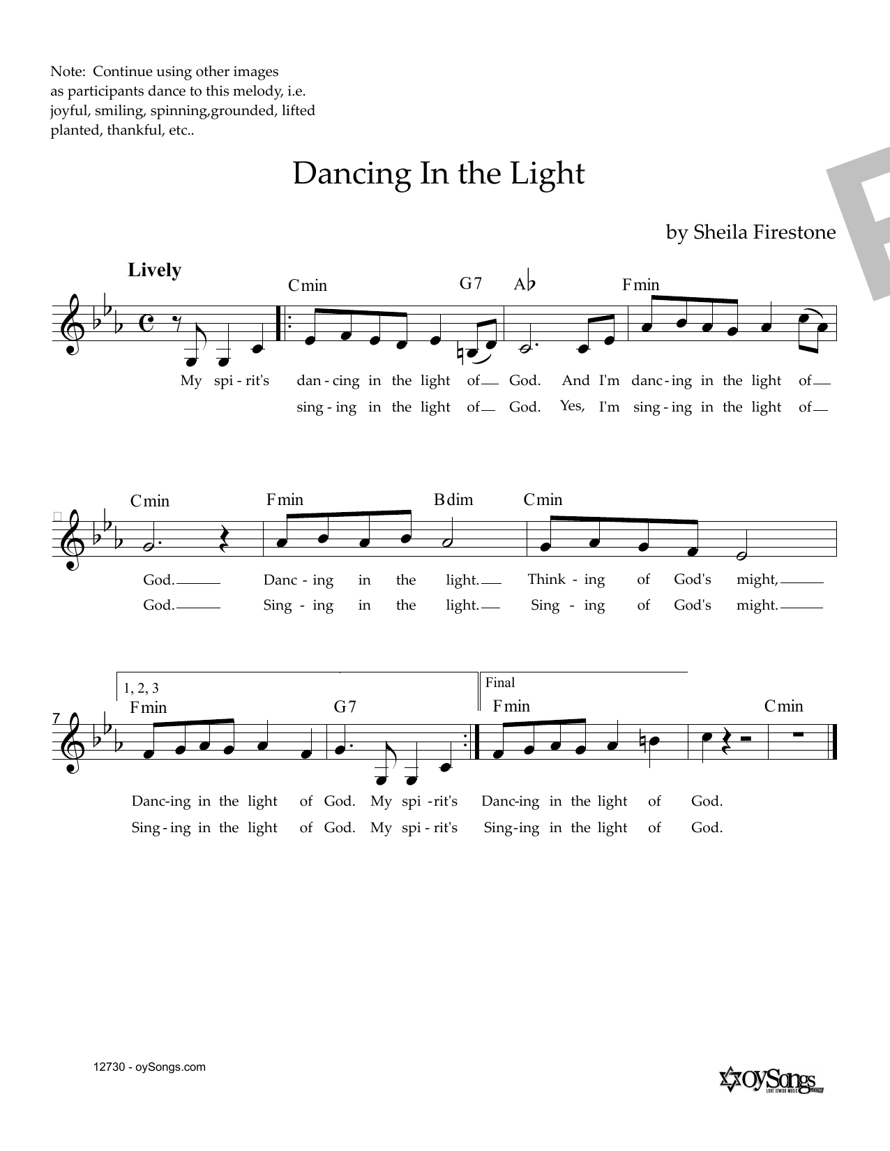 Download Sheila Firestone Dancing In The Light Sheet Music and learn how to play Melody Line, Lyrics & Chords PDF digital score in minutes