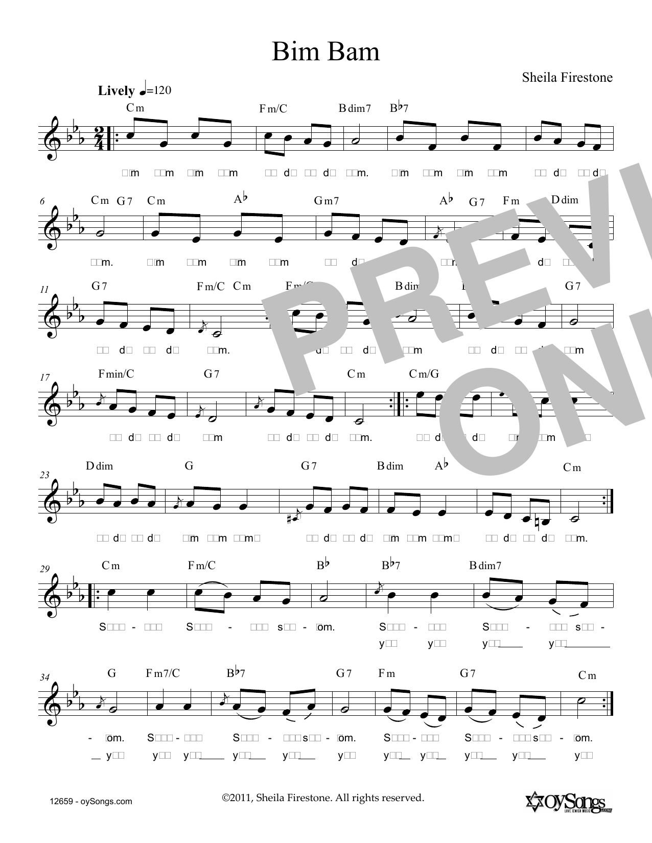 Download Sheila Firestone Niggun Bim Bam Sheet Music and learn how to play Piano, Vocal & Guitar (Right-Hand Melody) PDF digital score in minutes
