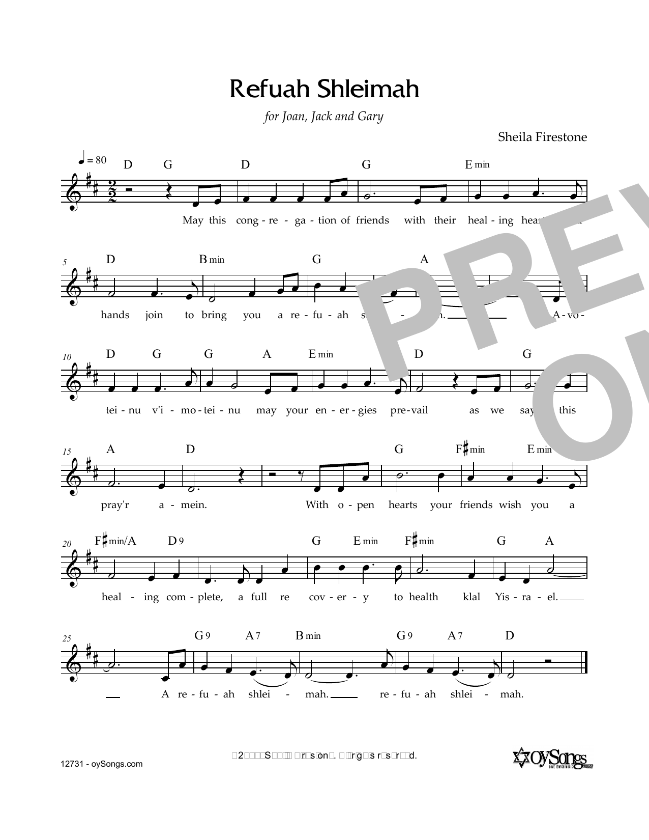 Download Sheila Firestone Refuah Shleimah Sheet Music and learn how to play Melody Line, Lyrics & Chords PDF digital score in minutes