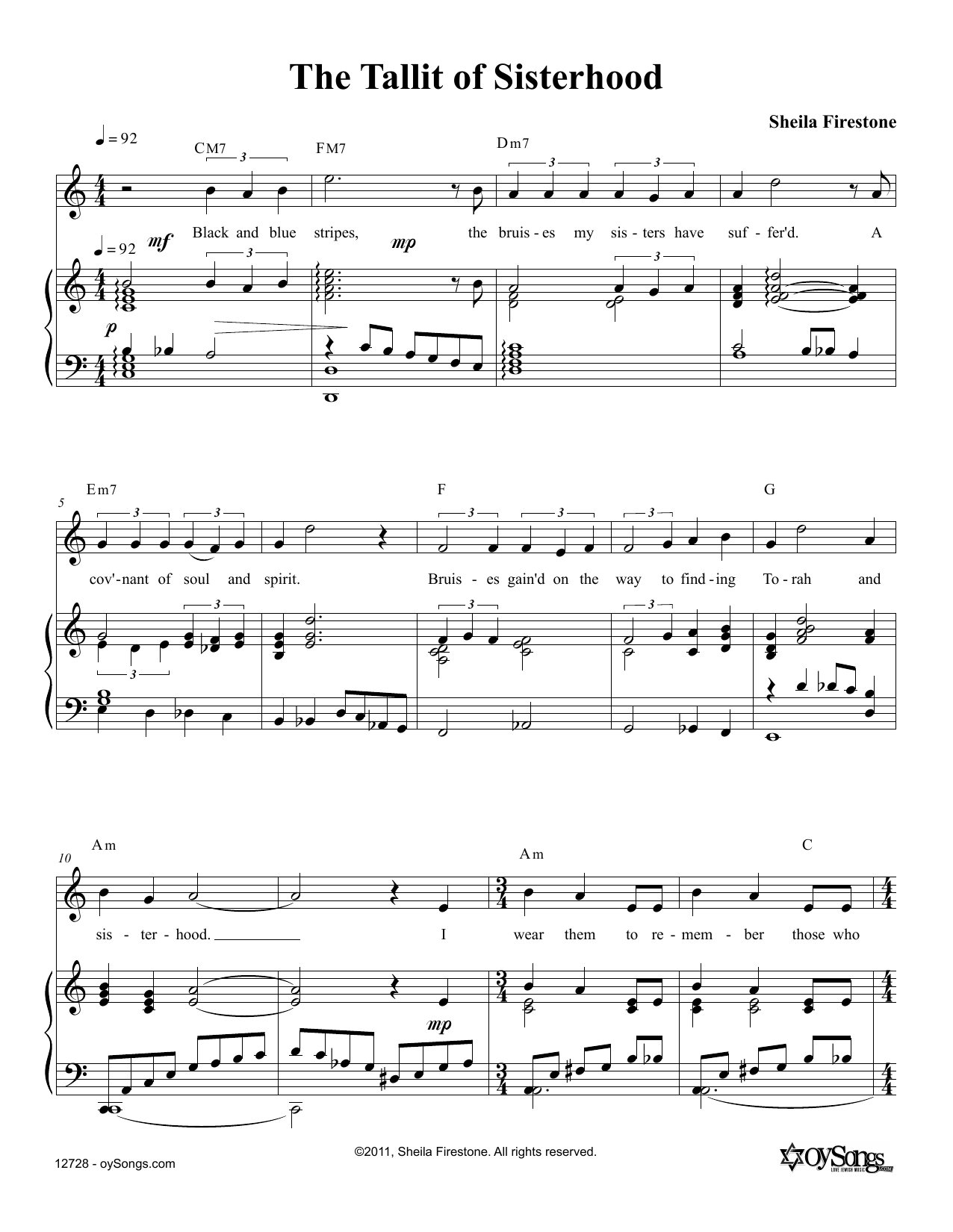 Download Sheila Firestone Tallit of Sisterhood Sheet Music and learn how to play Piano, Vocal & Guitar (Right-Hand Melody) PDF digital score in minutes