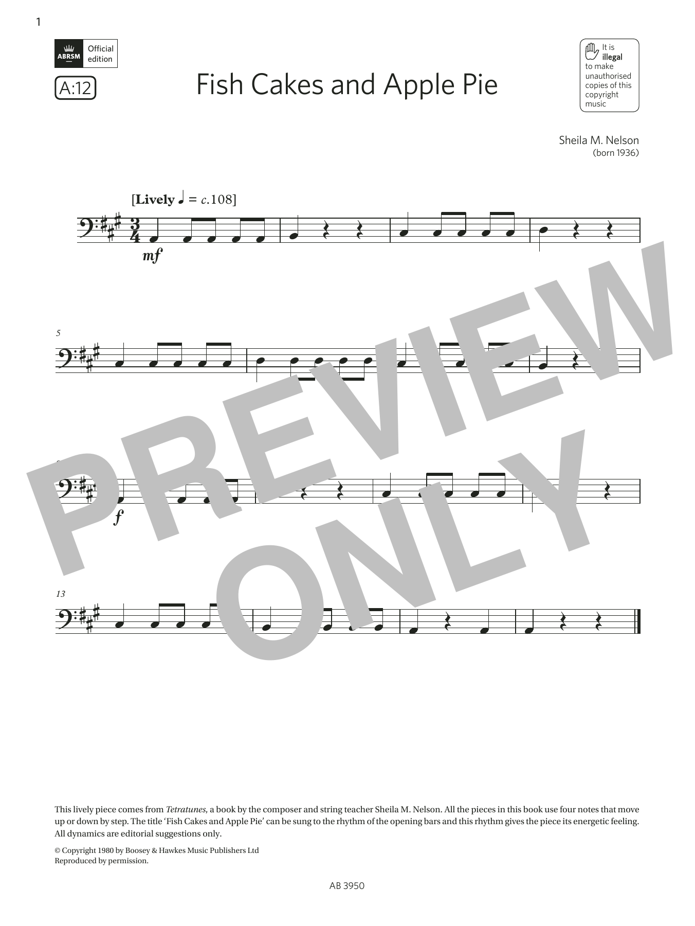 Download Sheila M. Nelson Fish Cakes and Apple Pie (Grade Initial, A12, from the ABRSM Double Bass Syllabu Sheet Music and learn how to play String Bass Solo PDF digital score in minutes