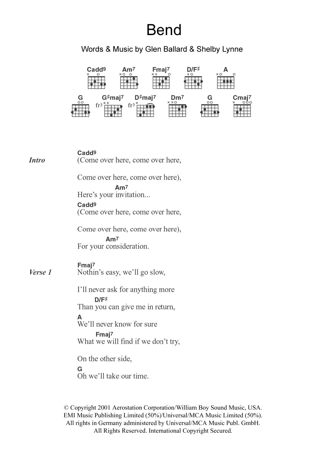 Download Shelby Lynne Bend Sheet Music and learn how to play Lyrics & Chords PDF digital score in minutes