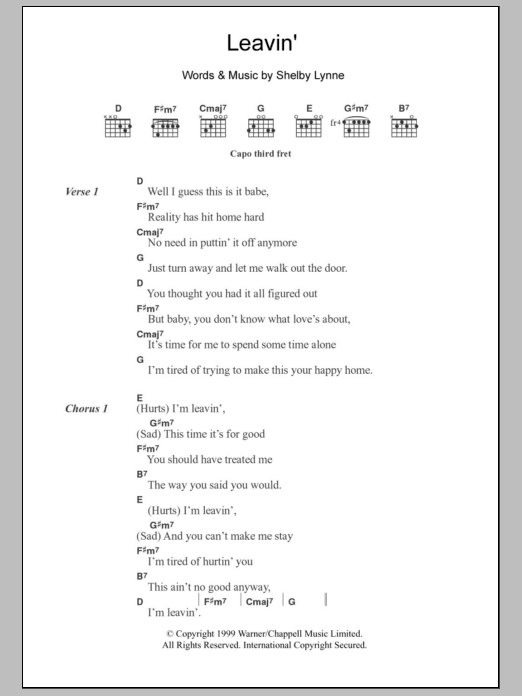 Download Shelby Lynne Leavin' Sheet Music and learn how to play Piano, Vocal & Guitar PDF digital score in minutes