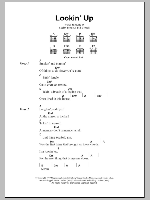 Download Shelby Lynne Lookin' Up Sheet Music and learn how to play Lyrics & Chords PDF digital score in minutes