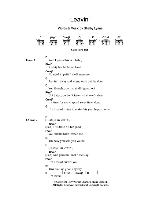 Download Shelby Lynne Leavin' Sheet Music and learn how to play Lyrics & Chords PDF digital score in minutes