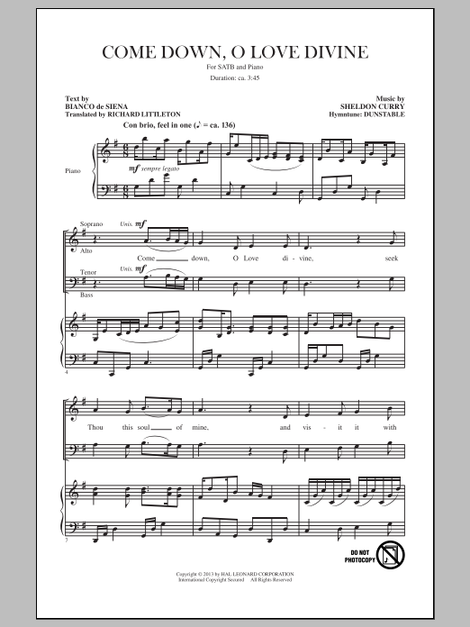 Download Traditional Hymn Come Down, O Love Divine (arr. Sheldon Curry) Sheet Music and learn how to play SATB PDF digital score in minutes