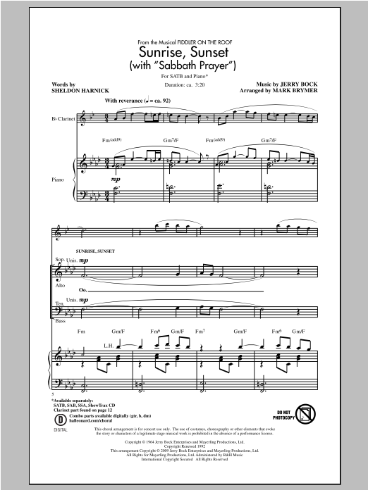 Download Mark Brymer Sunrise, Sunset (with Sabbath Prayer) Sheet Music and learn how to play SATB PDF digital score in minutes