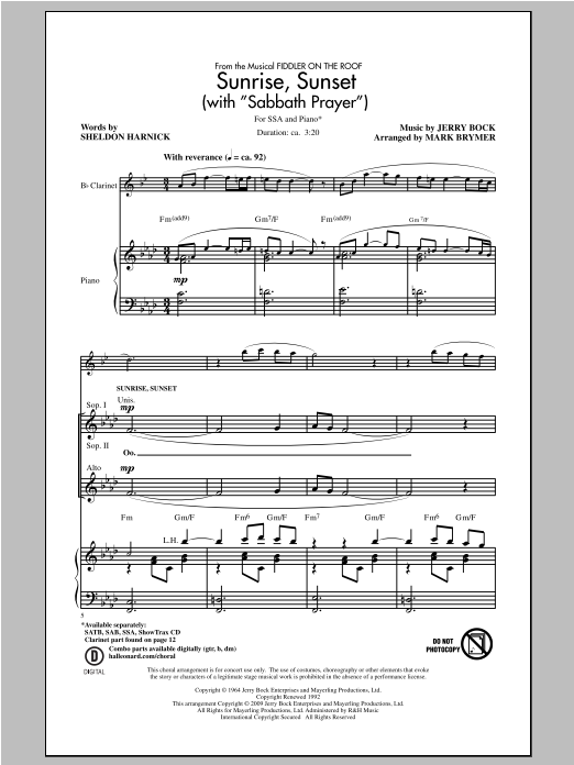 Download Mark Brymer Sunrise, Sunset (with Sabbath Prayer) Sheet Music and learn how to play SSA PDF digital score in minutes