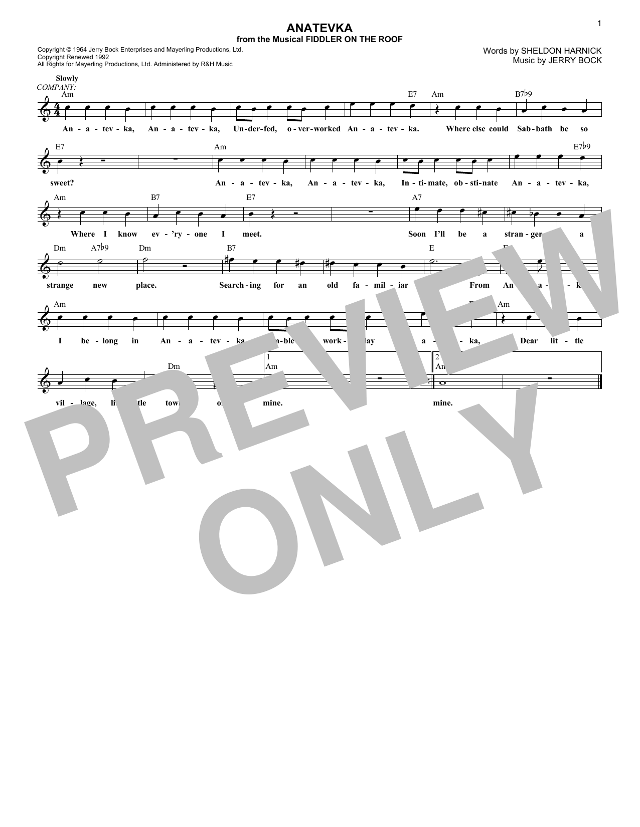 Download Sheldon Harnick Anatevka Sheet Music and learn how to play Melody Line, Lyrics & Chords PDF digital score in minutes