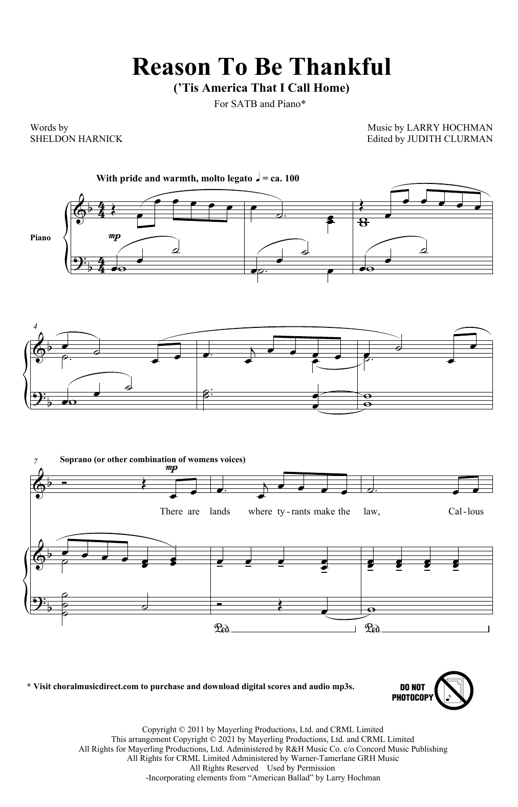 Download Sheldon Harnick and Larry Hochman Reason To Be Thankful ('Tis America That I Call Home) Sheet Music and learn how to play SATB Choir PDF digital score in minutes