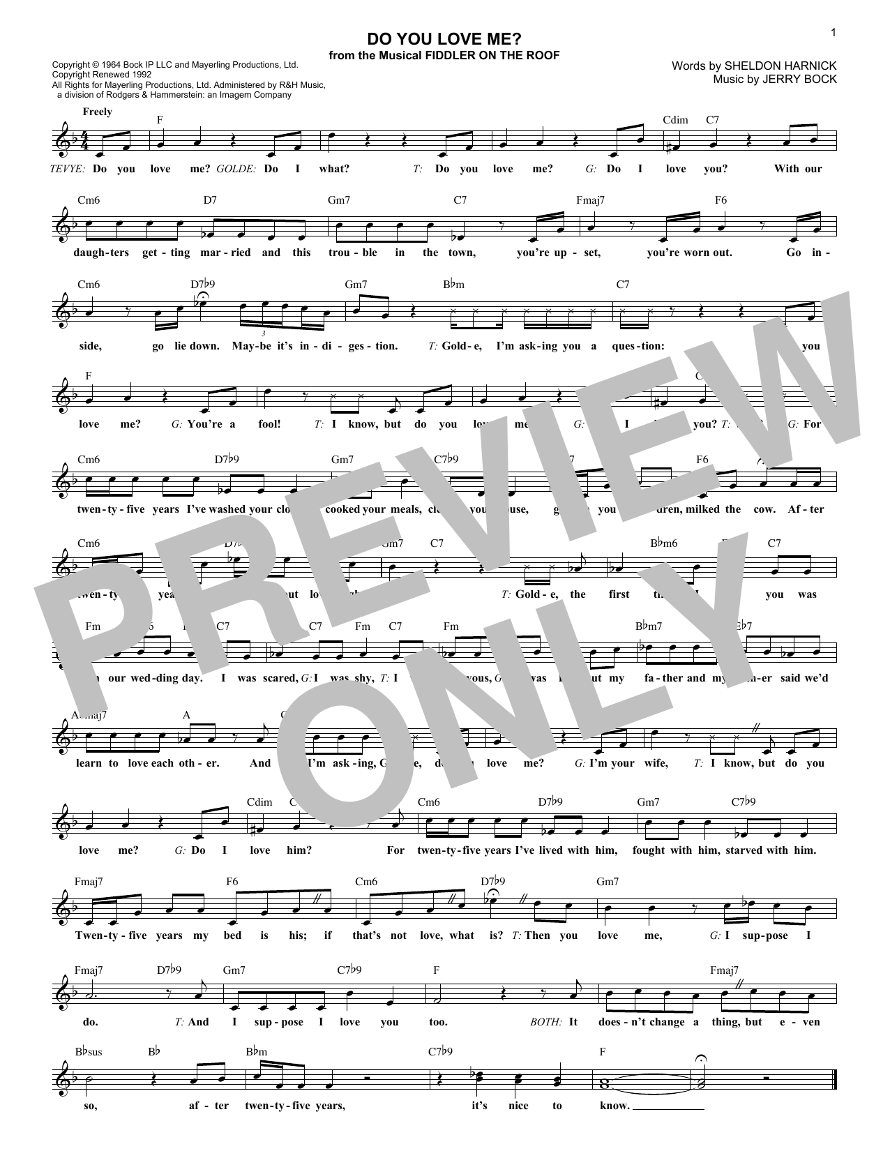 Download Sheldon Harnick Do You Love Me? Sheet Music and learn how to play Melody Line, Lyrics & Chords PDF digital score in minutes