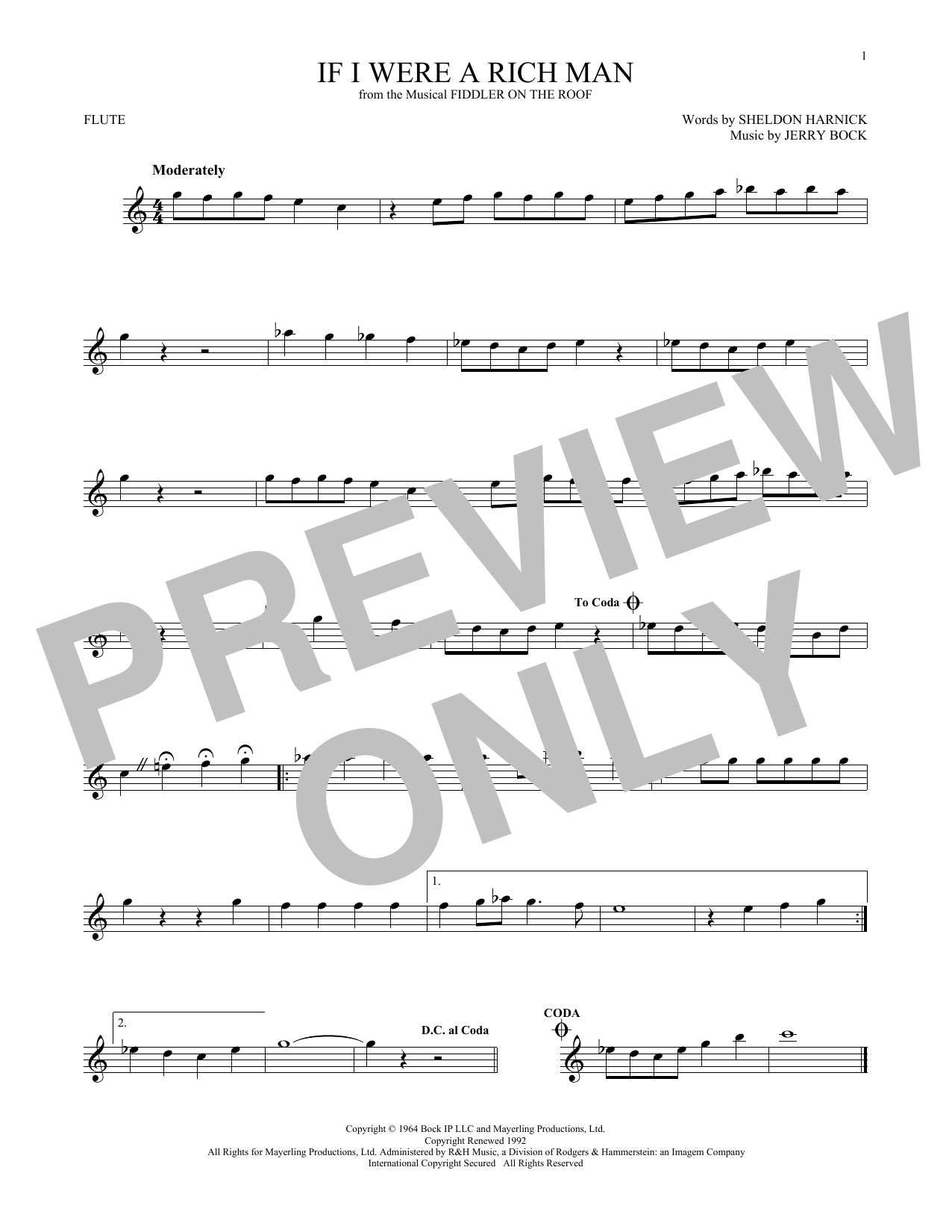 Download Sheldon Harnick If I Were A Rich Man Sheet Music and learn how to play Flute PDF digital score in minutes