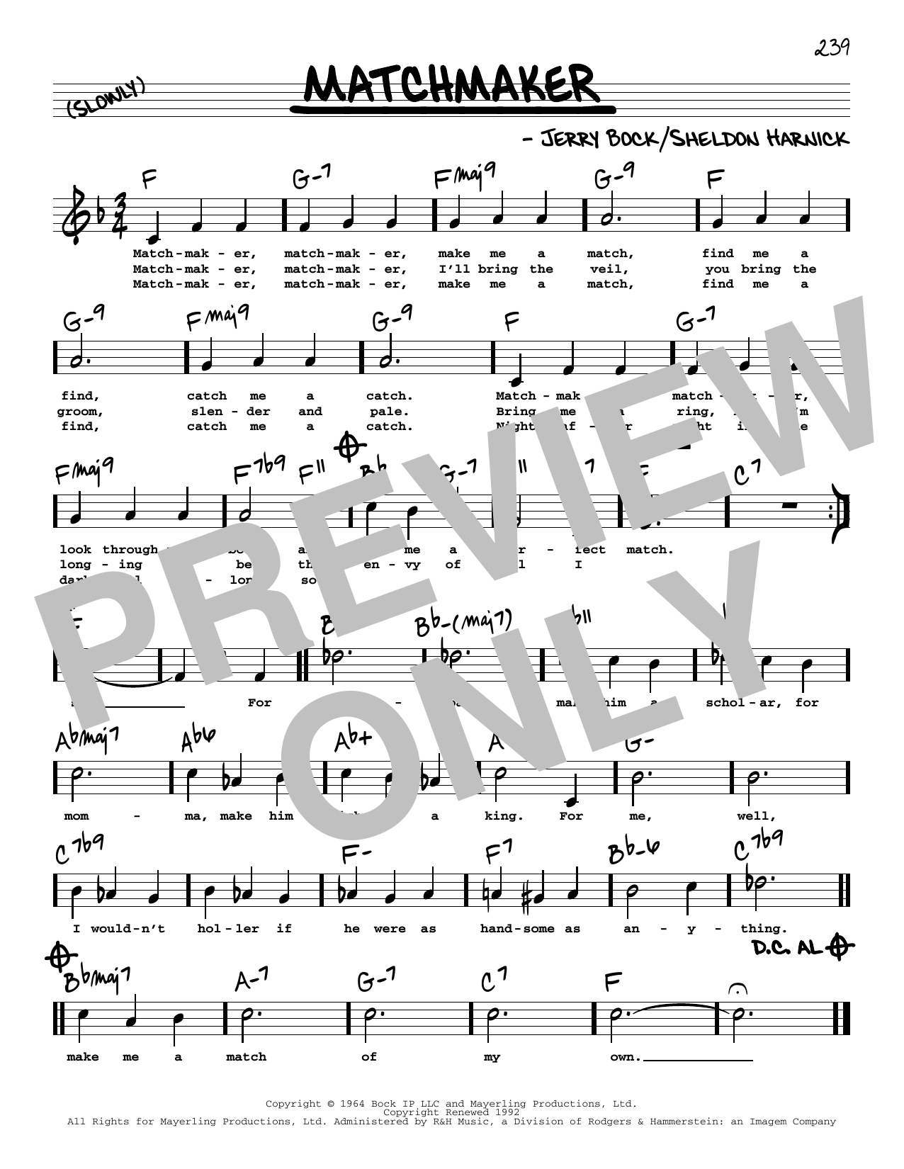 Download Sheldon Harnick Matchmaker (High Voice) (from Fiddler On The Roof) Sheet Music and learn how to play Real Book – Melody, Lyrics & Chords PDF digital score in minutes