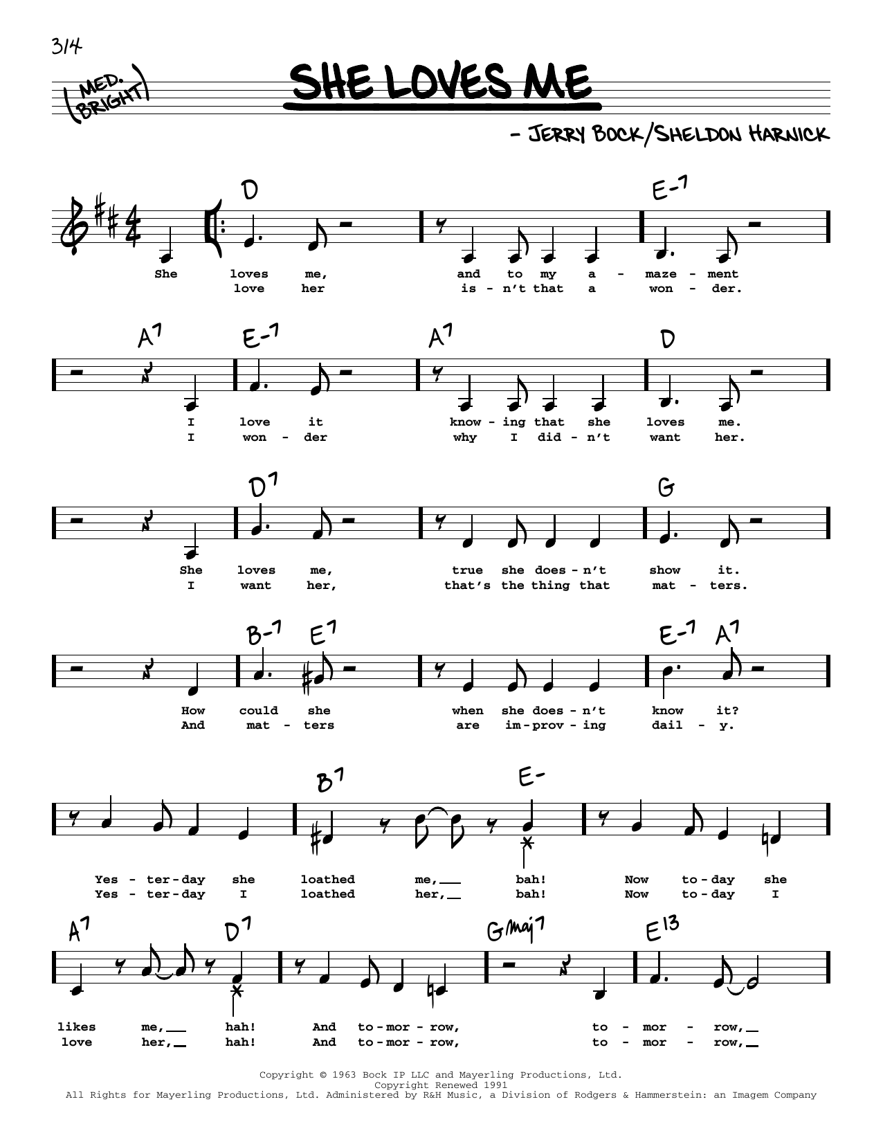 Download Sheldon Harnick She Loves Me (Low Voice) Sheet Music and learn how to play Real Book – Melody, Lyrics & Chords PDF digital score in minutes