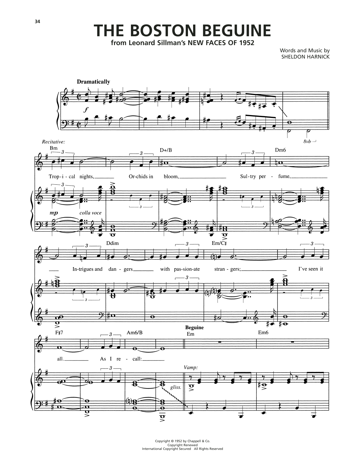 Download Sheldon Harnick The Boston Beguine (from New Faces of 1952) Sheet Music and learn how to play Piano, Vocal & Guitar Chords (Right-Hand Melody) PDF digital score in minutes