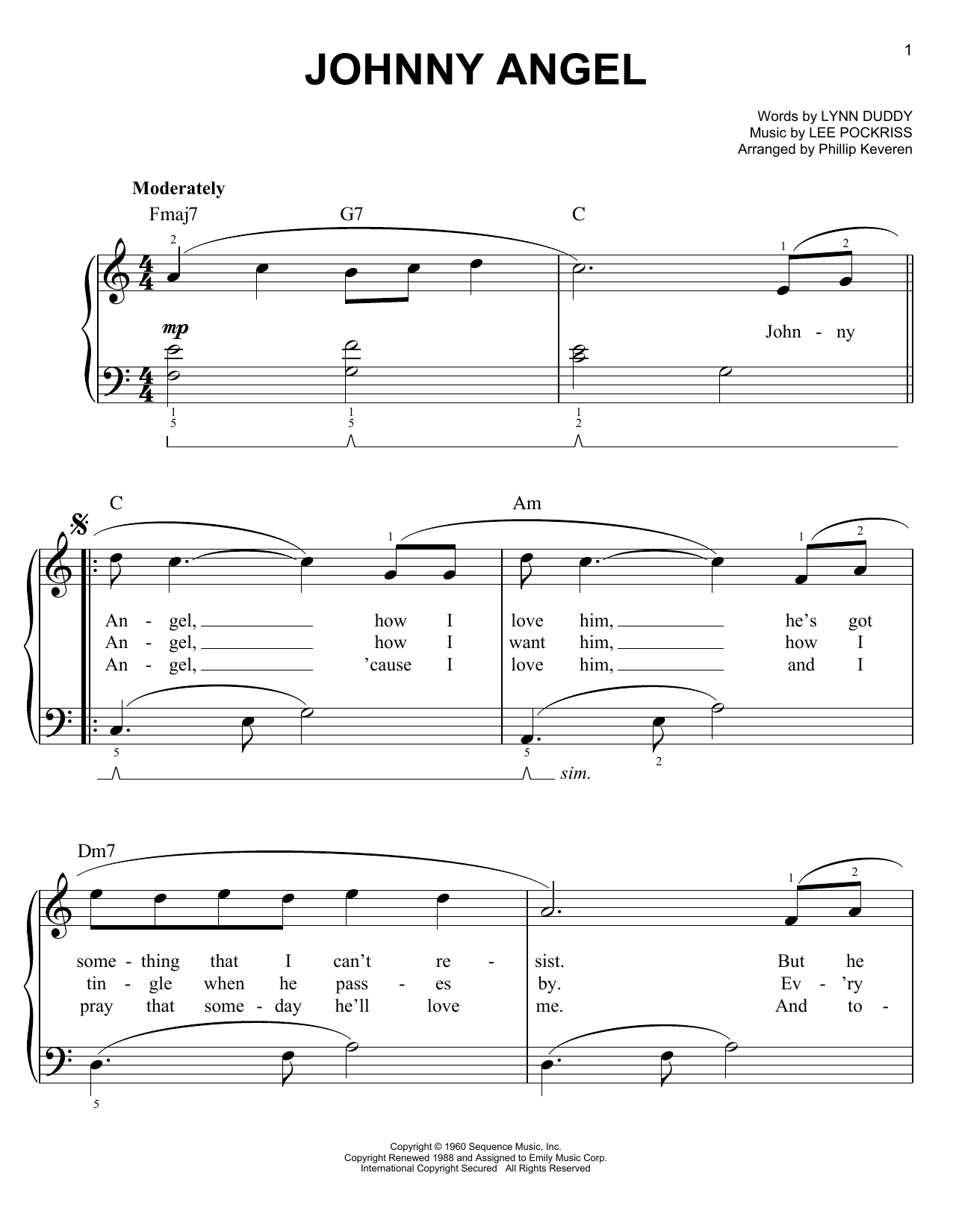 Download Shelley Fabares Johnny Angel (arr. Phillip Keveren) Sheet Music and learn how to play Easy Piano PDF digital score in minutes