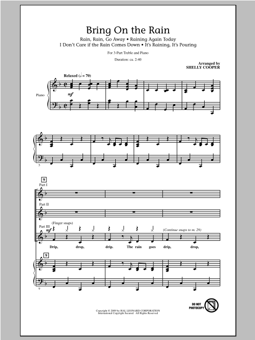 Download Shelly Cooper Bring On The Rain (Medley) Sheet Music and learn how to play 3-Part Treble PDF digital score in minutes