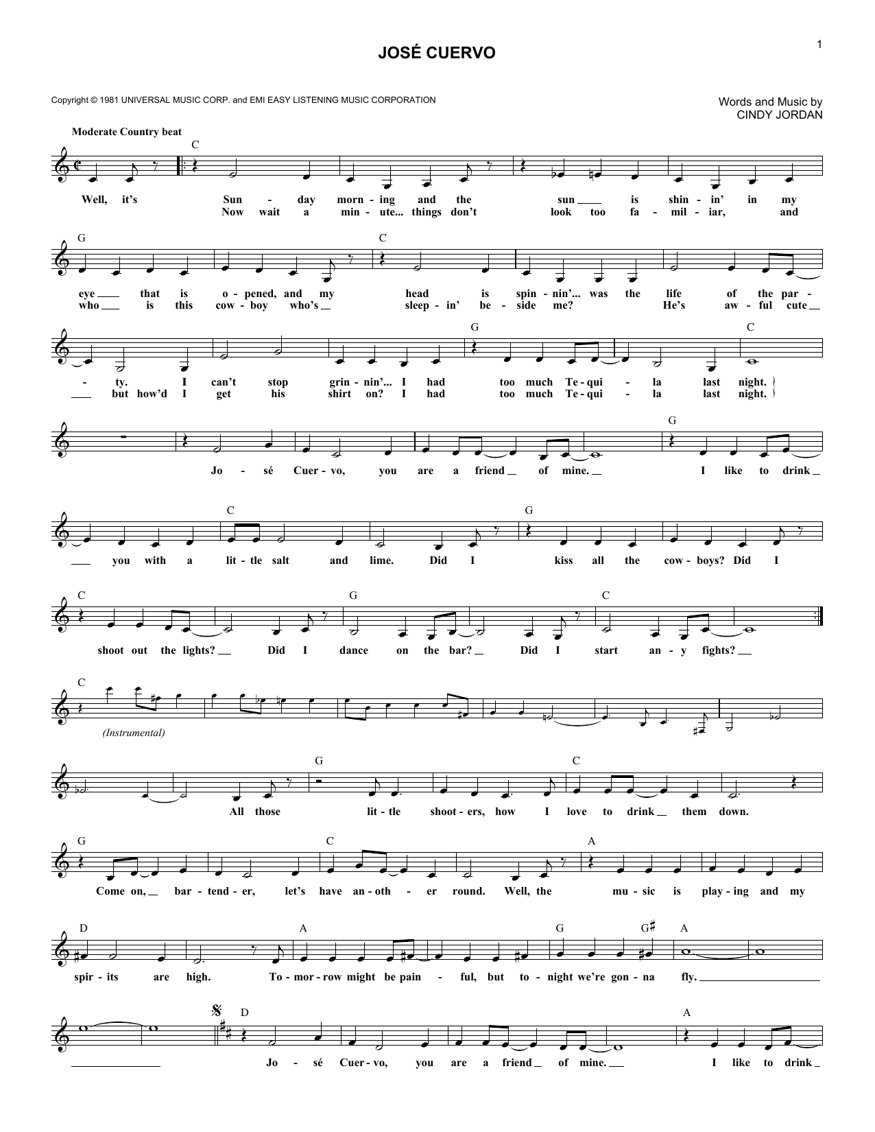 Download Shelly West Jose Cuervo Sheet Music and learn how to play Melody Line, Lyrics & Chords PDF digital score in minutes