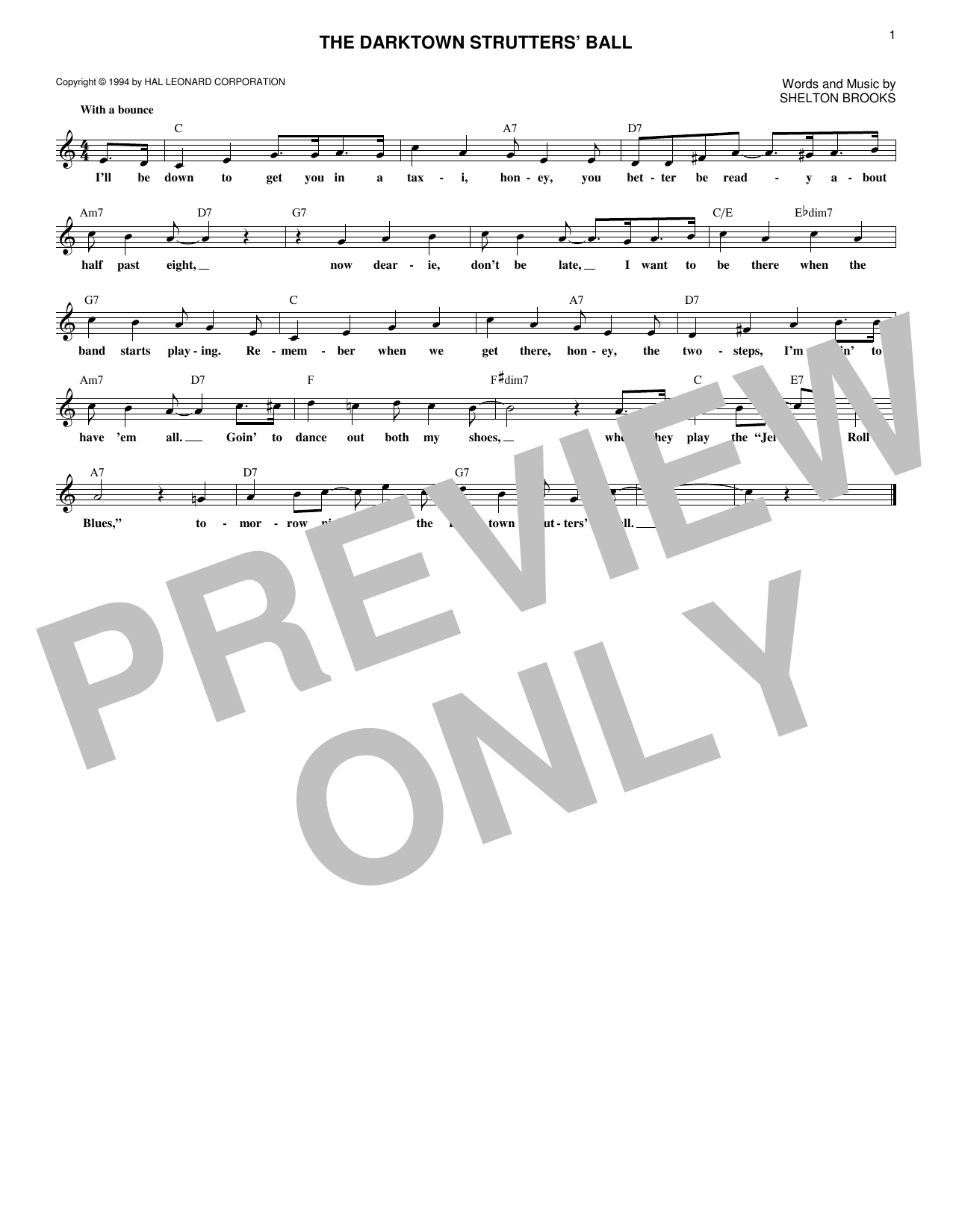 Download Shelton Brooks The Darktown Strutters' Ball Sheet Music and learn how to play Melody Line, Lyrics & Chords PDF digital score in minutes