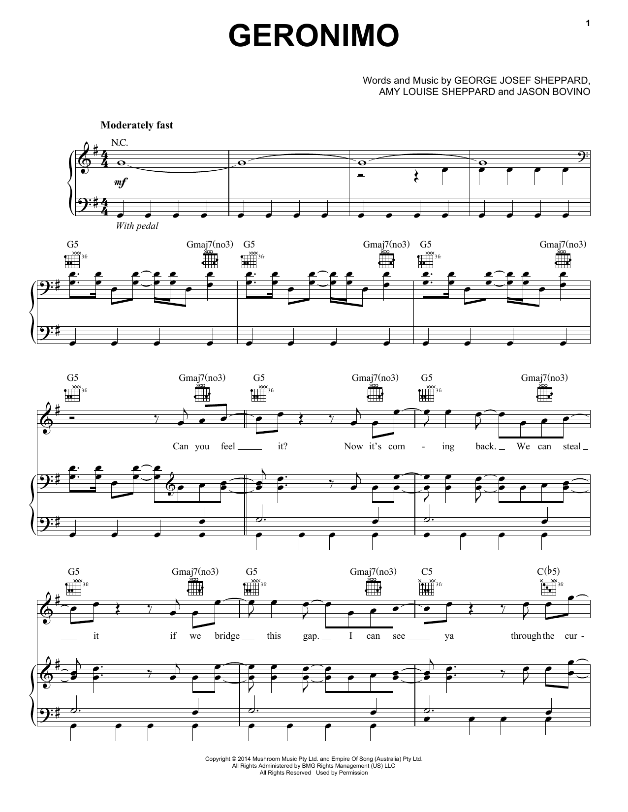 Download Sheppard Geronimo Sheet Music and learn how to play Piano, Vocal & Guitar (Right-Hand Melody) PDF digital score in minutes