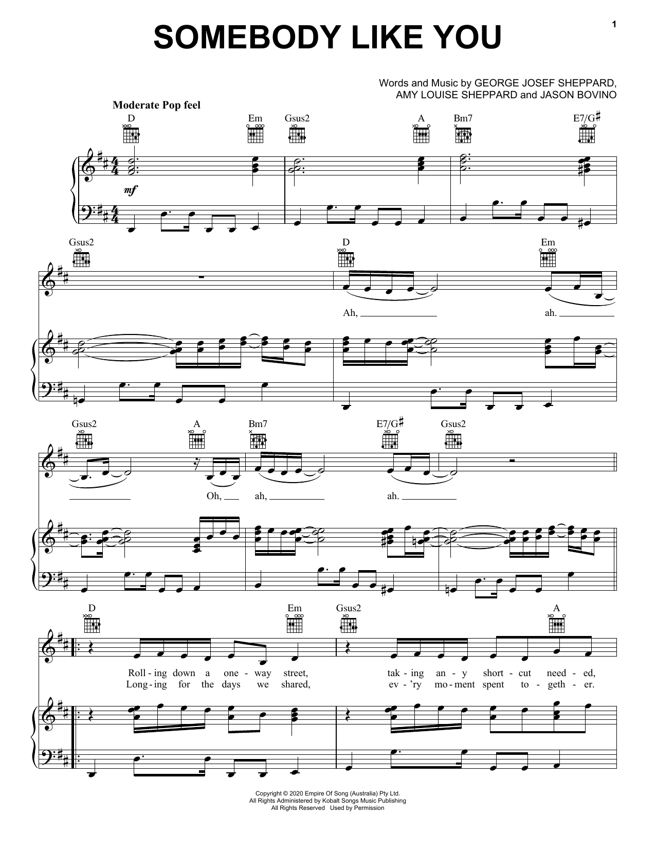 Download Sheppard Somebody Like You Sheet Music and learn how to play Piano, Vocal & Guitar Chords (Right-Hand Melody) PDF digital score in minutes